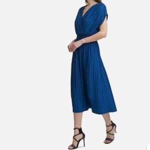 DKNY Women’s Cobalt Blue Pleated V-Neck Formal Dress